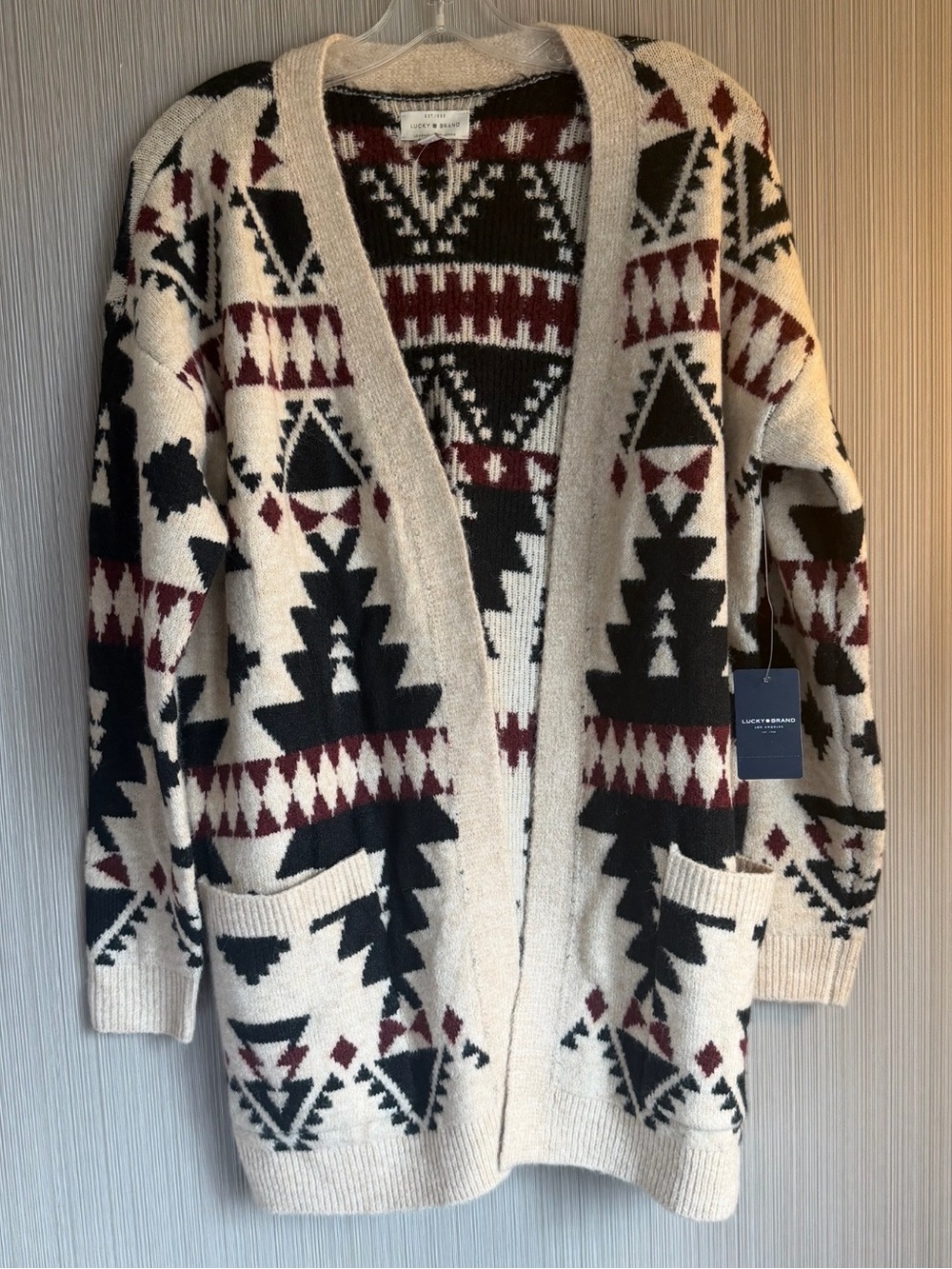 Lucky Brand NWT Aztec Open-Front Cardigan Sweater - Black & Burgundy small